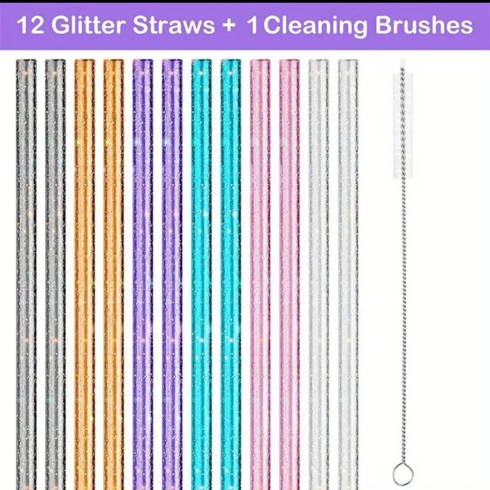 12 pc Glitter Straws and Cleaning Brush - 12 inches